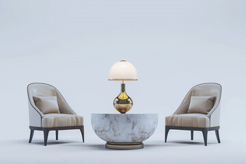 An elegant marble table with a luxurious lamp in the middle, accompanied by two sophisticated chairs, all elements fully visible against a solid white background.