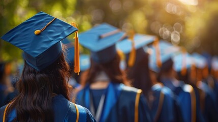 Graduation ceremony with students in caps and gowns from behind perspective