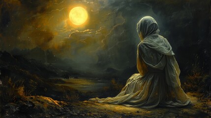 Despairing Mother Mary - Panoramic Painting in Carlo Dolci Style Displaying Emotional Weeping and Gazing at the Sky with Moody Depiction