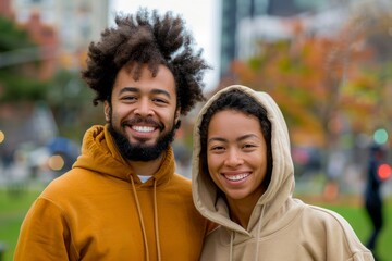 Portrait of a happy mixed race couple in their 30s sporting a comfortable hoodie while standing against vibrant city park