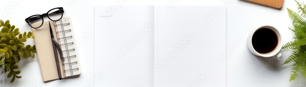 Aufkleber workspace with notebook keyboard photo camera open notebook sketchbook
