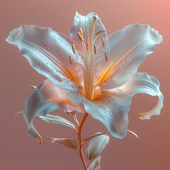 Ethereal Lily Blossom: Transparent Plastic Flower in Futuristic Organic Style on Light Pink Background with Surreal Aesthetics