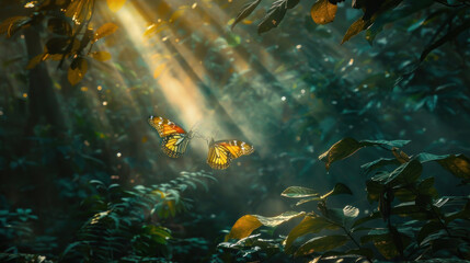Butterfly flying through a sunbeam in a dense forest