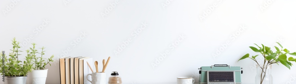 Poster workspace with notebook keyboard photo camera open notebook sketchbook
