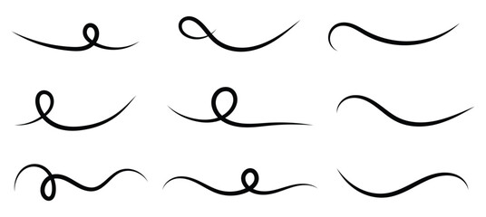 Swoosh and swash, swish vector line icon, black underline set, hand drawn swirl and curly text elements. Doodle retro collection isolated on white background.