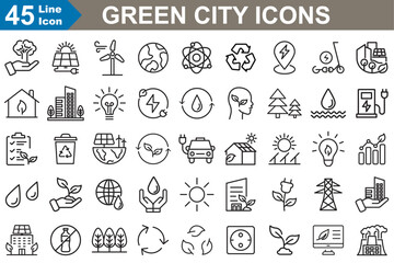 Green city line Icons set vector illustrator. Skyscrapers, residential buildings.