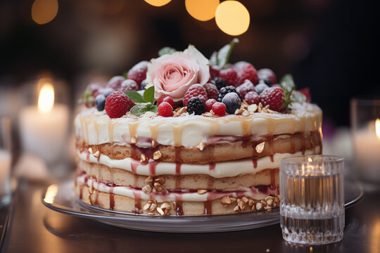 Un g&acirc;teau au chocolat d&eacute;cor&eacute; de fraises et de cr&egrave;me tr&ocirc;ne sur une assiette, parfait pour un anniversaire ou une pause caf&eacute; gourmande.
