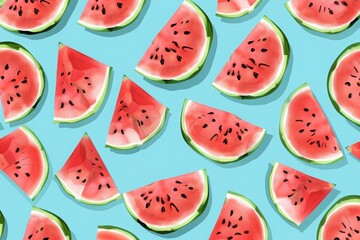 Seamless pattern with watermelons. Watermelon slices isolated on pastel blue background. Illustration painting