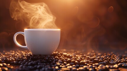Obraz premium A steaming cup of hot coffee resting on a bed of coffee beans, creating a warm and inviting atmosphere.