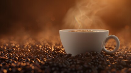 A white coffee cup releasing steam, placed on a bed of coffee beans, illuminated by a warm sunrise.