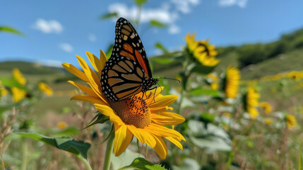 Obraz premium Butterfly on a sunflower in a rural field