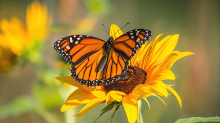 Butterfly on a sunflower in a rural field