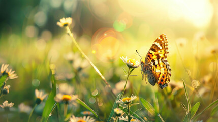 Butterfly on a sunlit meadow with a gentle breeze