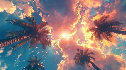 A mesmerizing animation of palm trees swaying against a backdrop of vibrant clouds, creating a kaleidoscope of colors as the sun dips below the horizon.