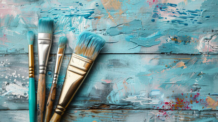 Three paintbrushes covered in blue paint on a textured wooden background, representing artistic creativity and painting.