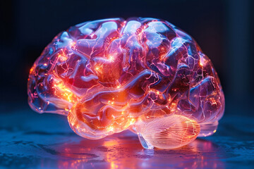 Glowing red glass brain concept on dark backdrop