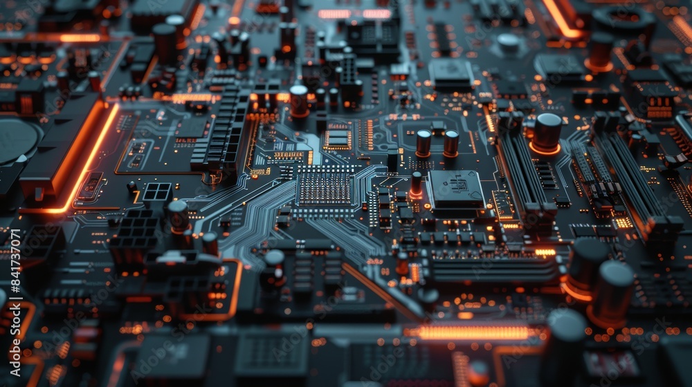Poster digital pulses and signals interacting with the intricate circuitry of a motherboard.