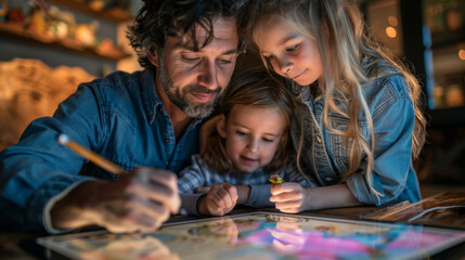 A father and his two children engage in a creative drawing activity using a tablet at home.