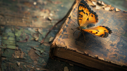 Butterfly resting on a vintage book cover