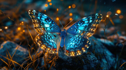 Butterfly with bioluminescent wings glowing at dusk