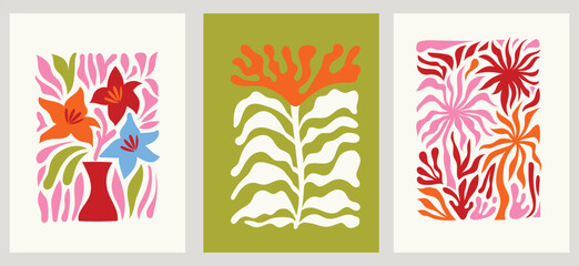 Vector illustration in simple wavy and groovy naive style, flowers and plants, floral botanic hand drawn design templates, frames and modern wall art prints, posters, placards, packaging, branding..