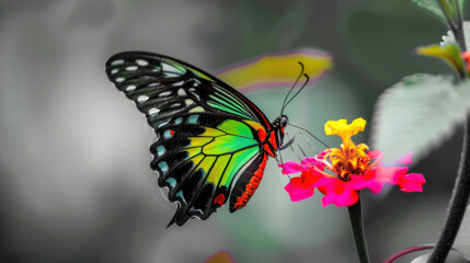 Fototapeta premium Butterfly with vibrant colors against a monochrome background