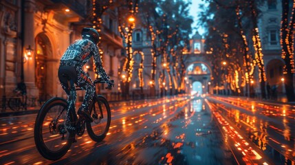 Cycling with Augmented Reality: Illustrate a futuristic cycling scene with augmented reality overlays showing route information, speed, and other metrics. 