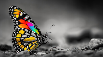 Obraz premium Butterfly with vibrant colors against a monochrome background
