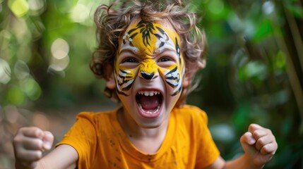 Happy child with painted face as tiger. Jungle amusement summer park. Little kid with orange make up. Funny playful boy roar with excitement. Animal grimace and gestures. Zoo