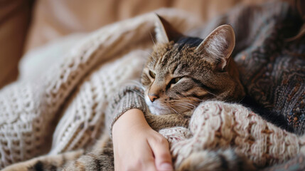 Cat being cuddled by its owner on a sofa