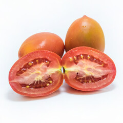 Three tomatoes, isolated ion white background. One of them is cut open and its inside is visible.