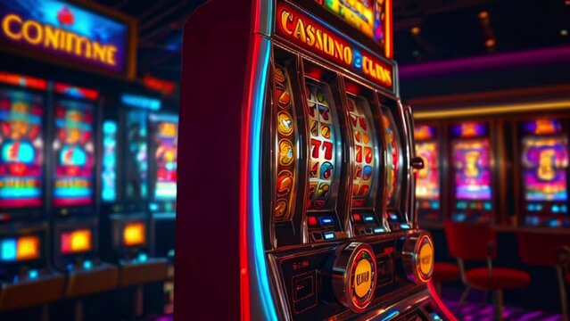 Video of a slot machine in a casino. The slot machine has 3 spinning reels with symbols on them. The symbols include 7s, bars, and cherries.
