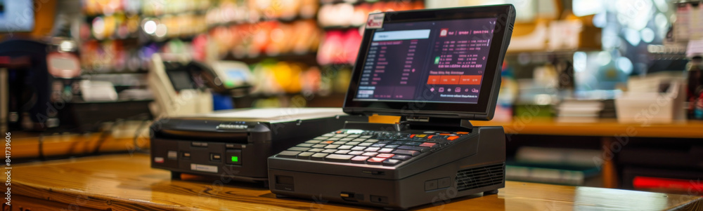 Poster a modern pos system setup in a retail store, with a focused view on the screen and keyboard, surroun
