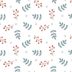 Watercolor seamless Christmas background with hand drawn winter plants.