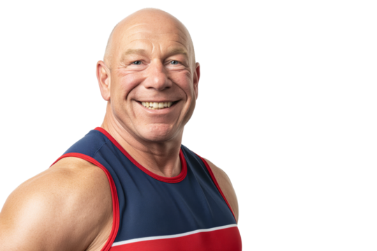 Smiling Muscular Caucasian Man in a Red and Blue Tank Top