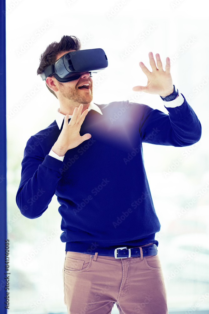 Poster Shock, virtual reality and business man in office for metaverse, online networking and cyberworld. Digital, technology and worker with hands for user interface, vr simulation and website at workplace