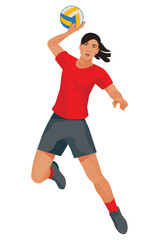 Asian women's volleyball girl player in a red sports uniform who jumps and throws the ball with one hand