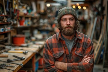 Fototapeta premium Bearded man standing confidently in a workshop