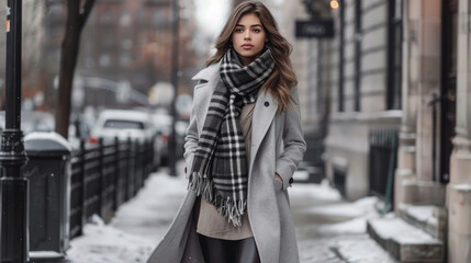 Fototapeta premium Chic winter outfit with a long coat, scarf, and boots