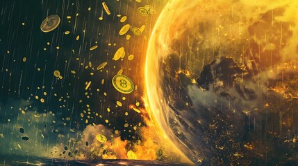 3. Illustrate a scene of a glowing planet fracturing into pieces, with currency symbols falling like raindrops, portraying the devastation wrought by a catastrophic financial crisis on the world