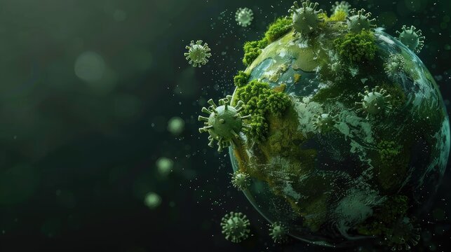 Virus particles in space surrounding the Earth, digital illustration, pandemic concept
