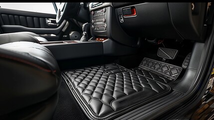 Obraz premium Black Leather Quilted Car Floor Mats Installed in a Modern Vehicle