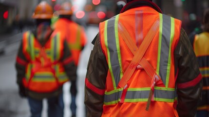 Safety-Conscious Workers Wearing High-Visibility Vests at Busy Construction Site