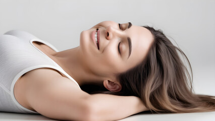 Fototapeta premium A woman wearing yoga clothes lies comfortably with her eyes closed. She has a smile on her face.