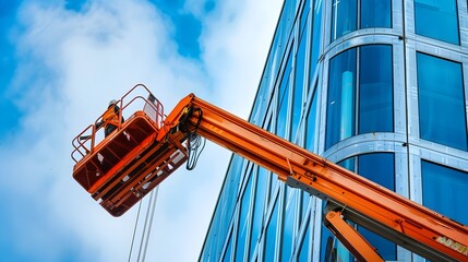 Articulating Boom Lift Extending Arm High to Access Tall Structures for Maintenance or Construction Work