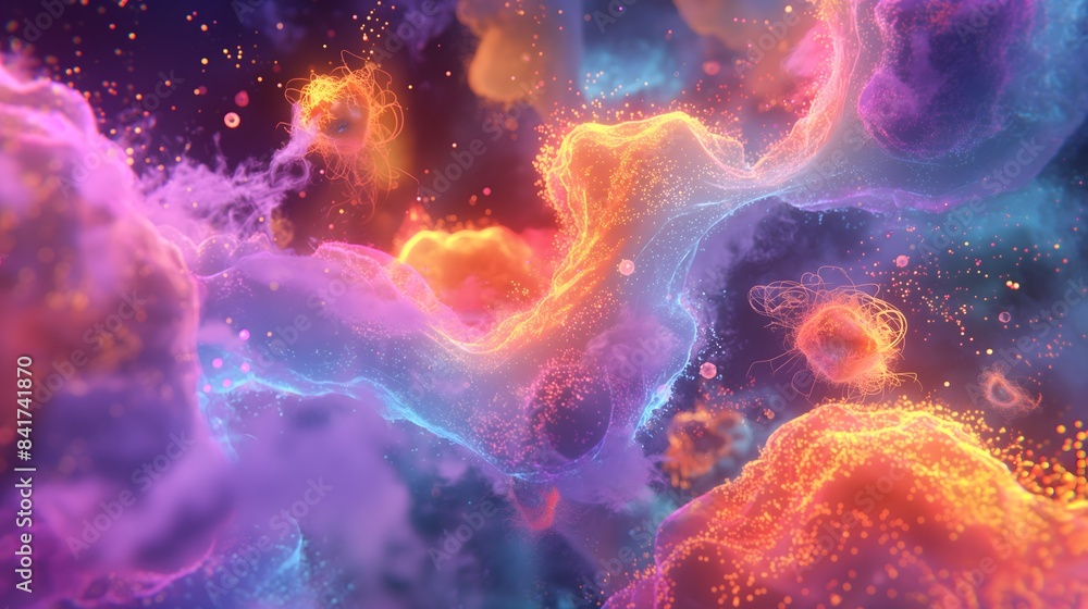 Poster 1. generate an image of captivating microbial abstraction, with glowing particles swirling in a dyna