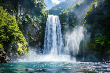 Fototapeta premium A majestic waterfall tumbles down through lush greenery, surrounded by vibrant foliage and crystal-clear water in a tropical paradise. Misty spray rises into the sky while sunlight