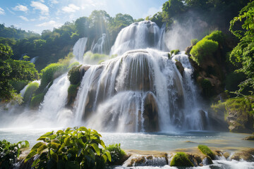 A majestic waterfall cascades down lush greenery, surrounded by vibrant foliage and crystal-clear water in an idyllic tropical paradise. The misty spray rises into the sky as sunli