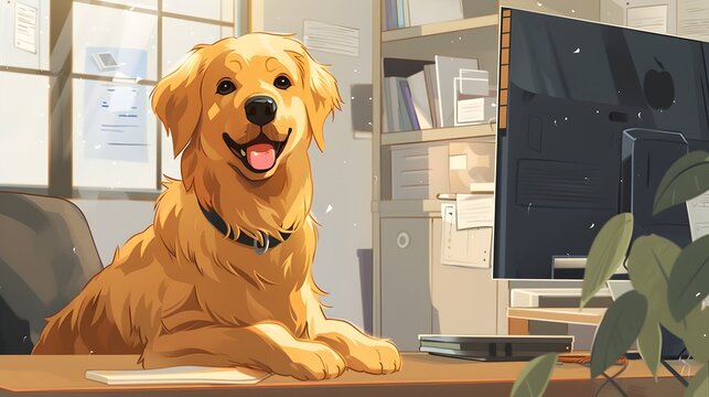 Friendly Golden Retriever Managing a Doggie Daycare and Grooming App from Their Cozy Workspace