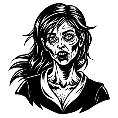 Fototapeta premium Black and white illustration of a zombie woman with eerie eyes and decaying flesh, perfect for halloween themed designs and decorations